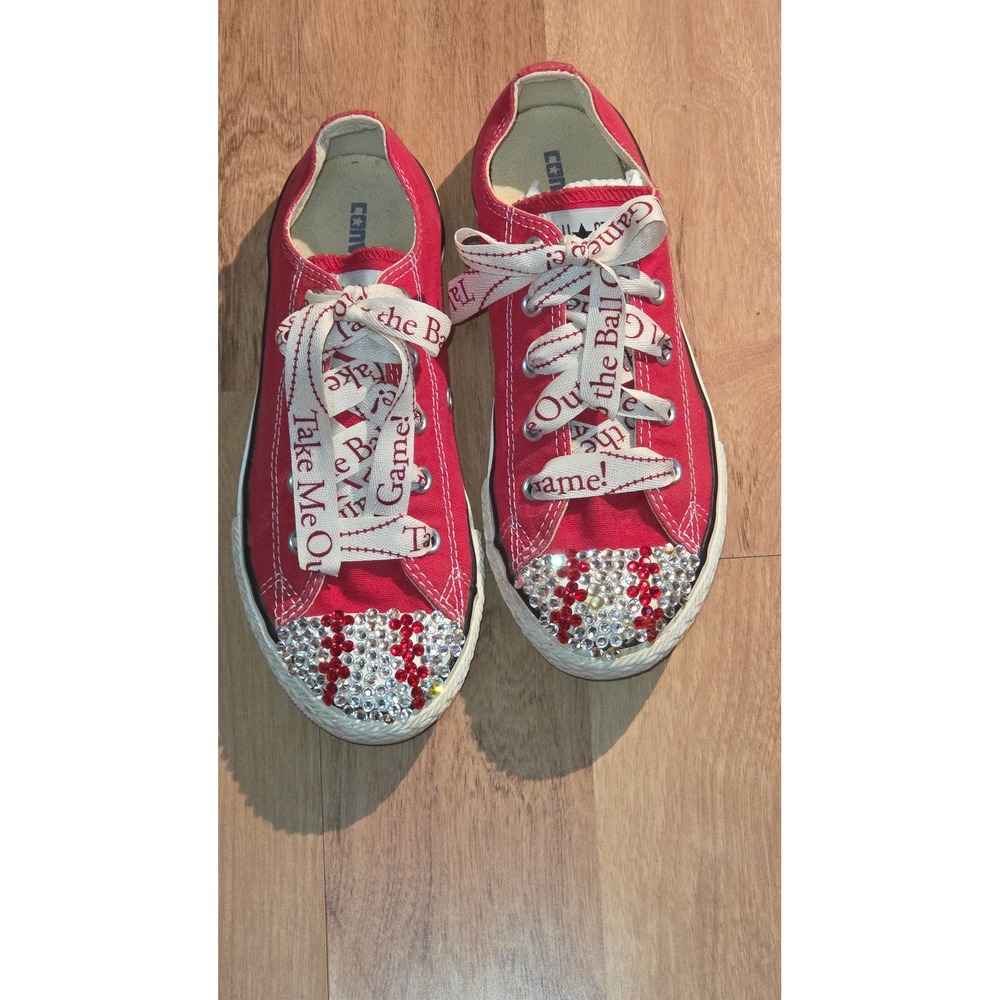 Converse Chuck Taylor Red Baseball Rhinestone Custom Sneakers Youth 3